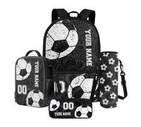 Poceacles Juego de mochila escolar personalizada con nombre y número, juego de 4 bolsas para libros con estuche para lápices, bolsa de almuerzo y funda para botella, Balón de fútbol abstracto