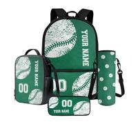 Poceacles Juego de mochila escolar personalizada con nombre y número, juego de 4 bolsas para libros con estuche para lápices, bolsa de almuerzo y funda para botella, Béisbol verde, Talla única, Juego