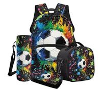 Poceacles Juego de mochila para niños para viajes escolares, mochila aislada, bolsa de almuerzo, estuche para lápices, bolsa de botella de agua para adolescentes y niños, Balón de fútbol Rainbow