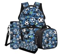 Poceacles Juego de mochila para niños y niñas, 4 piezas con bolsa escolar, bolsa de almuerzo, estuche para lápices, mochila para escuela primaria y secundaria, Football Star Blue Camo, Talla única