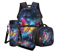 Poceacles Juego de mochila para niños y niñas, juego de 4 piezas elegantes de mochila escolar con bolsa de almuerzo, mochila para bolígrafos, portabotellas, Galaxy Butterfly Floral Star Blue, Talla
