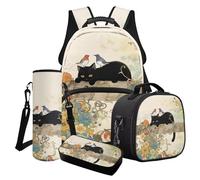 Poceacles Juego de mochila para niños y niñas, juego de 4 piezas elegantes de mochila escolar con bolsa de almuerzo, mochila para bolígrafos, portabotellas, Gato negro, pájaro, gloria de la mañana