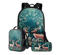 Poceacles Mochila con fiambrera, bolsa para lápices, bolsa de 3 piezas para estudiantes, bolsa de hombro de 17 pulgadas para niños de 1 a 6º grado, Diseño floral de ciervo, Talla única