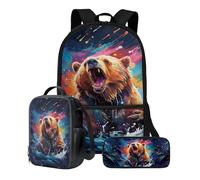 Poceacles Mochila con fiambrera, bolsa para lápices, bolsa de 3 piezas para estudiantes, bolsa de hombro de 17 pulgadas para niños de 1 a 6º grado, Oso de pintura, Talla única