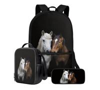 Poceacles Mochila con fiambrera, bolsa para lápices, bolsa de 3 piezas para estudiantes, bolsa de hombro de 17 pulgadas para niños de 1 a 6º grado, Caballo Negro, Talla única