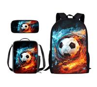 Poceacles Mochila con lonchera para niñas y niños de 10 a 12 años, mochila escolar para niños, 3 bolsas con estuche para lápices para la escuela secundaria, Football Fire, Taille unique