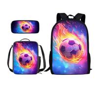 Poceacles Mochila con lonchera para niñas y niños de 10 a 12 años, mochila escolar para niños, 3 bolsas con estuche para lápices para la escuela secundaria, Fuego ardiente de fútbol, Talla única