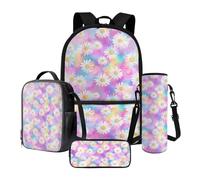 Poceacles Mochila de 4 piezas para niños con mochila escolar aislada bolsa de almuerzo pantalla de botella estuche material escolar para niñas niños, Batik rosa margarita violeta, En storlek, Sets de