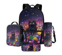 Poceacles Mochila escolar 4 en 1 con bolsa de almuerzo térmica, estuche, portabotelas, mochila para niños, adolescentes, Gato Negro Margarita Flor Violeta, One size, Conjunto de bolso escolar