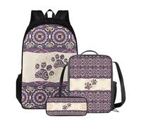 Poceacles Mochila escolar con bolsa de almuerzo y estuche para lápices para niñas, juego de mochila escolar de 3 piezas, mochila escolar para niños, Pata de perro de mandala bohemia