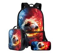 Poceacles Mochila escolar informal para niñas, adolescentes, bolsa de libros, lonchera y estuche para lápices, mochila de viaje 3 en 1, Fútbol Fuego, Talla única