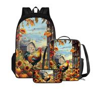 Poceacles Mochila para niñas y niños, juego de 3 piezas, mochila para niños con bolsa de almuerzo + estuche escolar para escuela primaria, Pollo y girasol