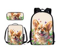 Poceacles Mochila para niños de 8 a 12 años, juego de mochila escolar con bolsas de almuerzo, estuche para lápices, primaria, jardín de infantes, preescolar, Corgi Dog Daisy, Taille unique