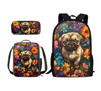 Poceacles Mochila para niños de 8 a 12 años, juego de mochila escolar con bolsas de almuerzo, estuche para lápices, primaria, jardín de infantes, preescolar, Pug Dog Floral, Taille unique