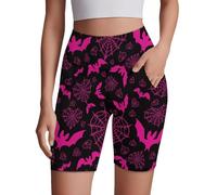 Poceacles Pantalones cortos de ciclista para mujer, de cintura alta, para correr, entrenamiento, yoga, control de abdomen, pantalones cortos deportivos con bolsillos, Bat Love Spider Web Pumpkin Pink