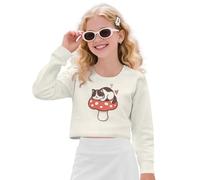 Poceacles Sudadera corta suave de manga larga para niñas, cómoda, para niños pequeños y adolescentes de 5 a 14 años, Cat Mushroom Cream White, 7-8 años