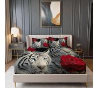 Pocket Profundo Sábana Ajustable Gris Rojo, Tigres Rosas Tema Sábana Ajustable No es Fácil de Encoger, 90 x 200 cm Ropa De Cama Lavable Máquina Fácil Cuidado para Antiarrugas
