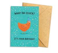Podagree Tarjeta de cumpleaños divertida de pollo con texto en inglés "What the Cluck It's Your Birthday" (5.3 x 8 pulgadas) con diseño de pollo, tarjeta de cumpleaños con temática de granja para