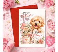 Podagree Tarjeta del día de la madre - Lindo perro con flores y café, la mejor mamá de la historia, saludo feliz del día de la madre, tarjeta de agradecimiento para mamá, tarjeta de cumpleaños única
