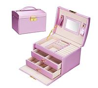 Podazz Caja Joyero de 3 Niveles, Joyeros Mujer Organizador con Asa y Espejo, 2 Cajones Estuche Rectangular para Guardar Joyas, Pendientes, Anillos y Collares, con llaves y cerraduras,Morado