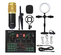 Podcast Kit, Anillo de micrófono Luz de relleno Kit de micrófono de trípode con tarjeta de sonido en vivo Micrófono de condensador de estudio profesional de Karaoke inalámbrico(Gold BM900 LED)