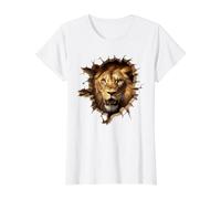 Poderosa Cabeza de león emergente Agrietada Pared Camiseta gráfica económica, Mujer, Blanco, M