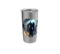 Poderoso caballero en armadura con espada de fuego Vaso térmico de acero inoxidable de doble pared