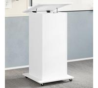 Podio ajustable blanco con ruedas y cajón, 55 x 55 x 107 cm, diseño multicapa, perfecto para conferencias, presentaciones, hablar en público y conferencias.