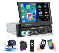 Podofo 1 DIN Radio Coche Carplay Android Auto Enlace Espejo Bluetooth Ampliar Manualmente 7'' Táctil Manos Libres FM/Control Remoto EQ//USB/Control del Volante/AUX/Mic/SD/AHD Cámara de Visión Trasera