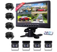 Podofo Cámara De Visión Trasera 9'' Monitor 4 Cámaras Configuran 4 Pantalla Dividida IP68 Visión Nocturna Impermeable para Camiones/Remolques con Cable 2x10m + 2x20m 4 Pin 12-24V