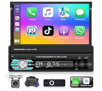 Podofo Radio de Coche 1 Din con Apple Carplay y Android Auto,Pantalla Táctil Retráctil de Radio MP5 de 7 Pulgadas para Automóviles con Bluetooth, FM,AUX,USB,SWC,Enlace Espejo + AHD Cámara de Retroceso
