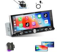 Podofo Radio de Coche Carplay Inalámbrica 1 DIN con Android Auto, Bluetooth con Pantalla de Radio de Coche de 6,9 Pulgadas Soporta Conexión de Espejo RDS, Cámara de Visión Trasera y Micrófono