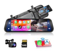 Podofo Wireless Carplay Android Auto Camara de Coche Retrovisor,9.66 Pulgadas Pantalla Táctil IPS Dashcam Cámara Espejo Retrovisor DVR,Bluetooth,2 Pantallas Divididas+AHD Cámara Trasera