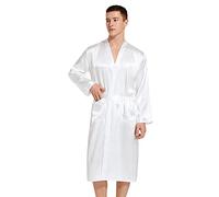 PODOLIXIA Albornoz para hombre, ligero, fino, tacto sedoso, bata larga, kimono de verano, bata con bolsillos, pijama informal para hombres, color sólido, bata de casa suelta, Blanco, XL