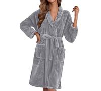 PODOLIXIA Albornoz para mujer, mullido, largo hasta la rodilla, suave felpa, bata de casa, bata de invierno de franela, ropa de dormir de manga larga, kimono con bolsillos, Luz Ashy, M