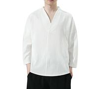 PODOLIXIA Camisa de hombre de cuello alto manga larga kimono japonés, túnica taoísta estampada, bata holgada para hombre, traje de meditación informal, Blanco, XXL