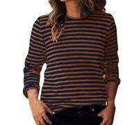 PODOLIXIA Camiseta a rayas para mujer, cuello en V, manga larga, para primavera, otoño, suelta, básica, a rayas, tops, marrón, S