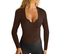 PODOLIXIA Camiseta de manga larga acanalada para mujer, cuello en U, corte ajustado, Y2K, camiseta básica, manga larga, informal, parte superior para mujer, café, S