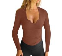 PODOLIXIA Camiseta de manga larga acanalada para mujer, cuello en U, corte ajustado, Y2K, camiseta básica, manga larga, informal, parte superior para mujer, marrón, M