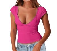 PODOLIXIA Camiseta para mujer con escote en forma de corazón con nudo trenzado en la parte delantera, sexy, ajustada, elástica, para mujer, monocolor, crop, top de moda, Rosa intenso., S