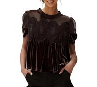 PODOLIXIA Crop Top Mujer Manga Corta Cuello Redondo Malla Parte Superior Plisada Camiseta de Terciopelo Retro Croptops Festivo Mujer Abdomen Top para Fiesta Cóctel Boda, café, M