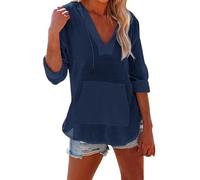 PODOLIXIA Hoodie Damen Langarm Pullover V-Ausschnitt Sweatshirt Kapuzenpullover Langarmshirt mit Kapuze Badeanzug Coverup Beachwear für Frühling Sommer Herbst, marine, L
