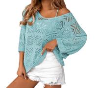 PODOLIXIA Jersey de punto para mujer con hombros descubiertos, estilo bohemio, con patrón de ganchillo y mangas anchas, camiseta de punto ligera de verano para mujer, azul, S