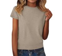 PODOLIXIA Jersey para mujer de manga corta con cuello redondo, jersey básico de punto de verano y otoño, camiseta de punto fino lisa casual de manga corta, caqui, S