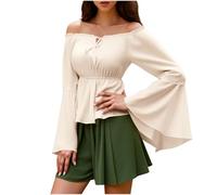 PODOLIXIA Renaissance - Blusa de manga larga para mujer, estilo retro medieval, estilo steampunk, blusa pirata, hombros descubiertos, blusa con volantes, beige, S