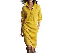 PODOLIXIA Vestido de punto para mujer, cuello alto, cuello alto, cuello alto, vestido de jersey de gran tamaño, cuello en V, manga larga, vestido de punto, vestido largo con bolsillos, amarillo, XXL