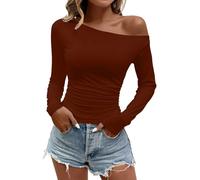 PODOLIXIA Y2K Top Clean Girl Aesthetic Clothes - Camiseta de manga larga para mujer, corte ajustado, parte superior elástica, monocolor, camiseta básica, café, L