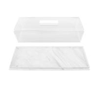 PODSJD Bandeja rectangular para pasteles en acrílico con textura mármol blanca y tapa transparente - Multifuncional, resistente al calor y diseño elegante para postres y panadería