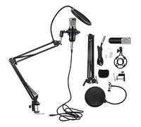 PODSJD Micrófono Condensador USB BM800 con Brazo articulado y Kit de Accesorios, Negro - Sonido cristalino y Alto Rendimiento, Soporte antichoque y Filtro Pop incluidos, Ideal para (Negro+Plata)