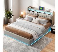 Poeahu Cama baúl 160 x 200 con somier LED y USB, Cama Doble con Almacenamiento hidráulico y cabecero para Camas Acolchadas, Camas de 2 Personas con somier de láminas de Madera y Terciopelo